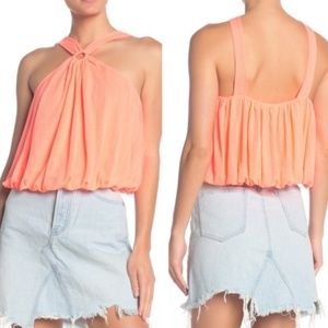 Free People Just A Fling Coral Electric Crop Halter Ring Ribbed Bubble Tank Top